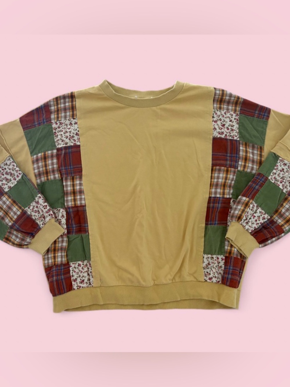 Easel Patchwork Sleeve Mustard Yellow Pullover Sweatshirt Size L Boho